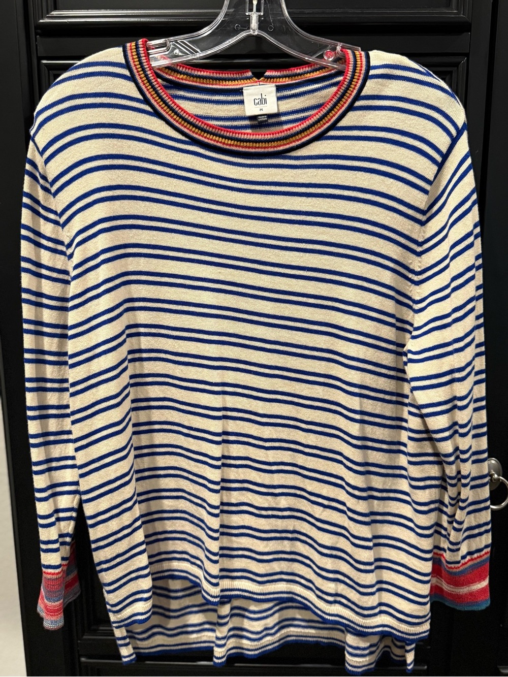 CAbi Striped Crewneck Sweater in Cream, Blue & Red Trim